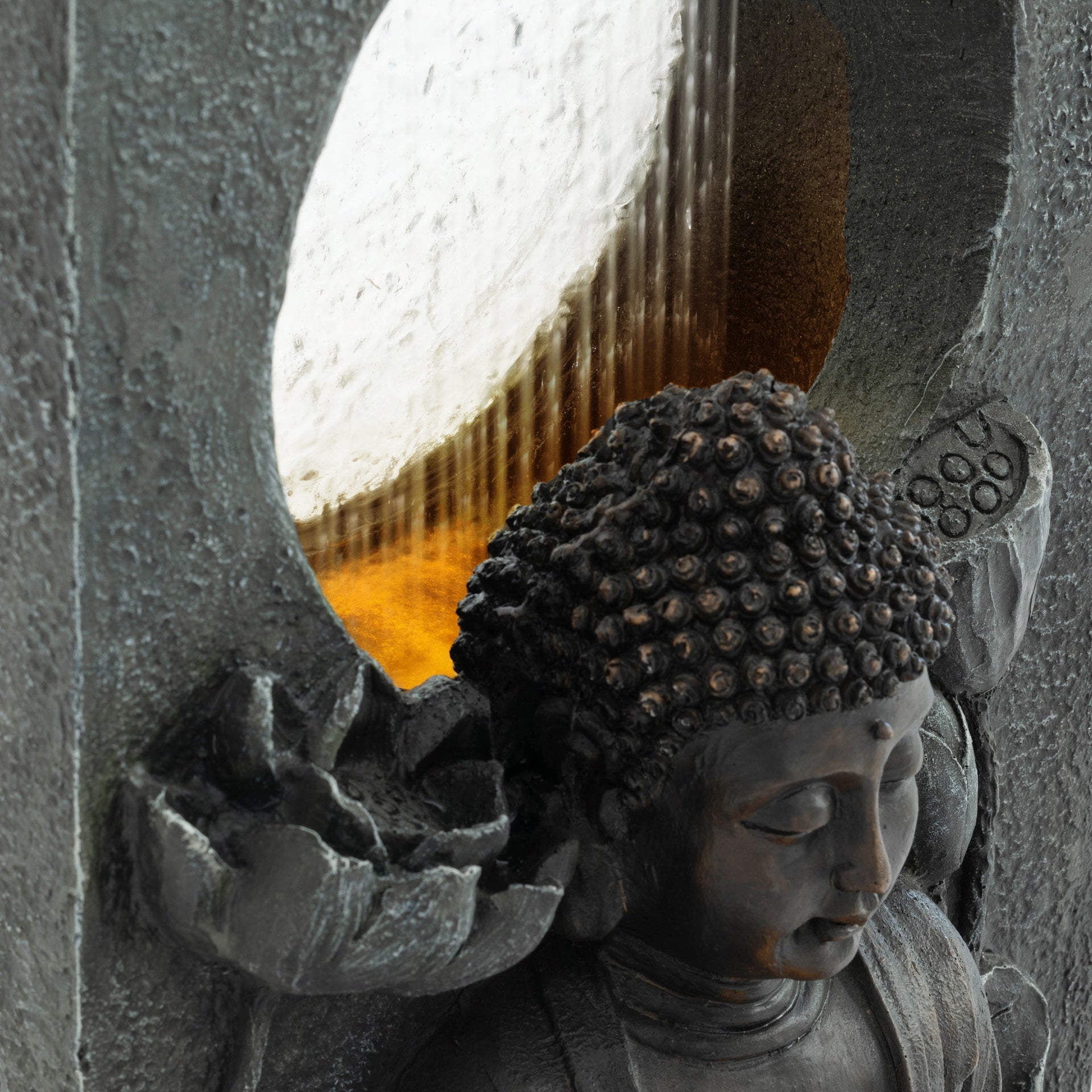 28" H Outdoor Buddha Waterfall Fountain, Freestanding Relaxing Water Feature, Asian Zen Fengshui Decor for Patio, Garden, Backyard, Deck & Home, Ideal Gift Led Fountain