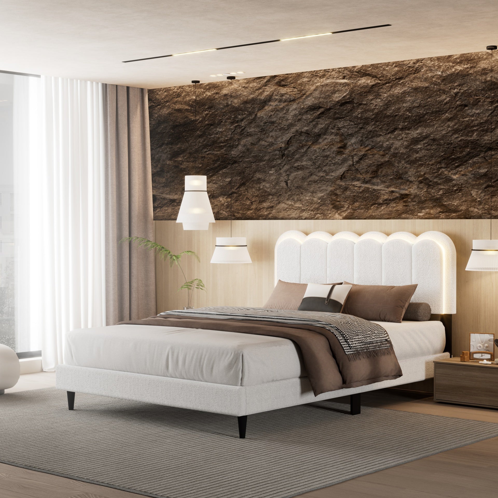 Lambswool Petal Headboard Bed Frame Cream Style Bedroom Soft Bed with Atmosphere Light, Queen