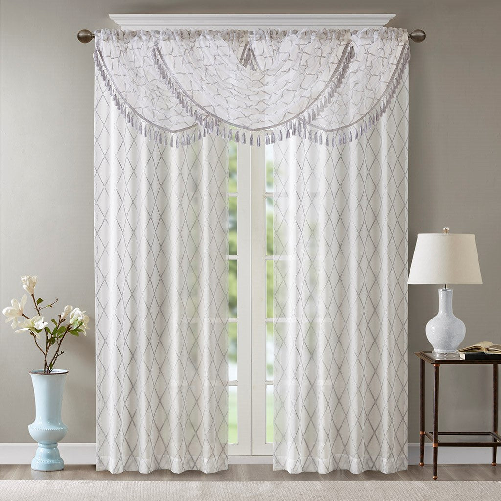 Diamond Sheer Embroidered Waterfall Valance White/Grey 38x46"