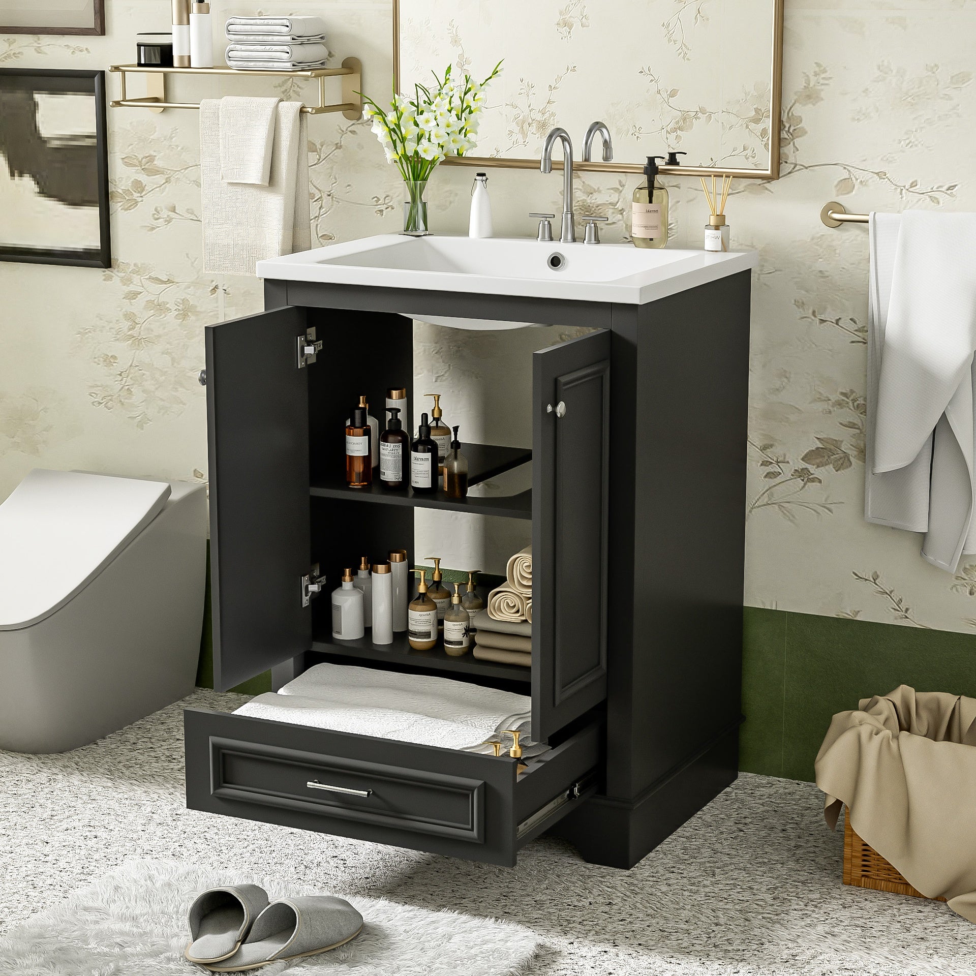 24'' Bathroom Vanity with Ceramic Sink Combo, Modern Freestanding Storage Cabinet  with Silver Handles,  Soft Closing Doors
