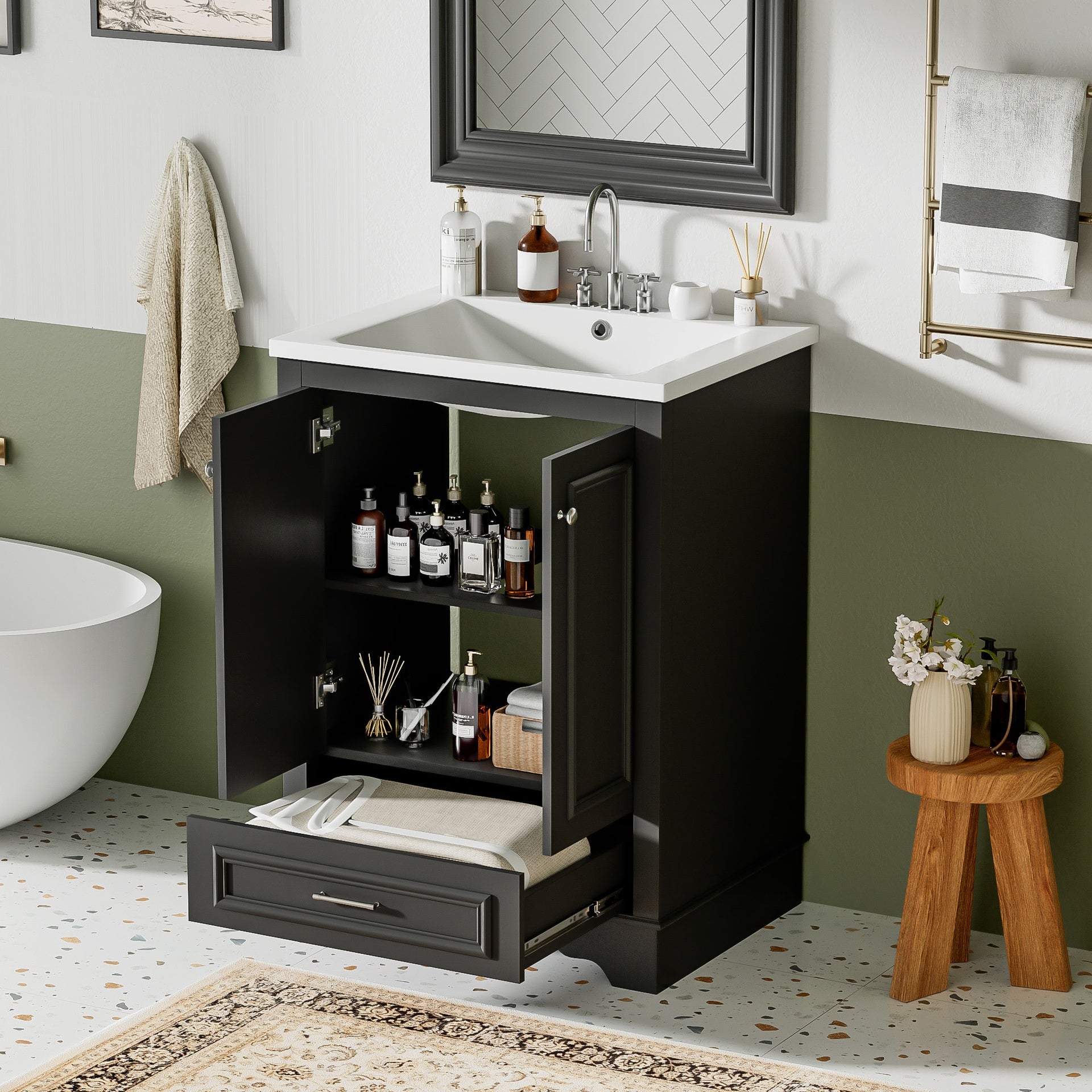 24'' Bathroom Vanity with Ceramic Sink Combo, Modern Freestanding Storage Cabinet  with Silver Handles,  Soft Closing Doors