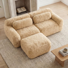 L-shaped Boneless Sofa,Soft Fluffy Plush Fabric,With Chaise 32D High Density Sponge,No Assembly Required,Ergonomic Design Bottom Anti-Slip Design,With Throw Pillows,Fits Bedrooms,Light Khaki