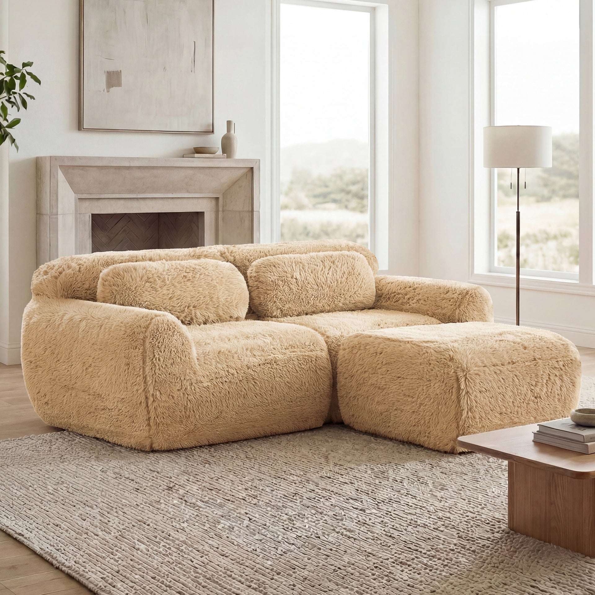 L-shaped Boneless Sofa,Soft Fluffy Plush Fabric,With Chaise 32D High Density Sponge,No Assembly Required,Ergonomic Design Bottom Anti-Slip Design,With Throw Pillows,Fits Bedrooms,Light Khaki