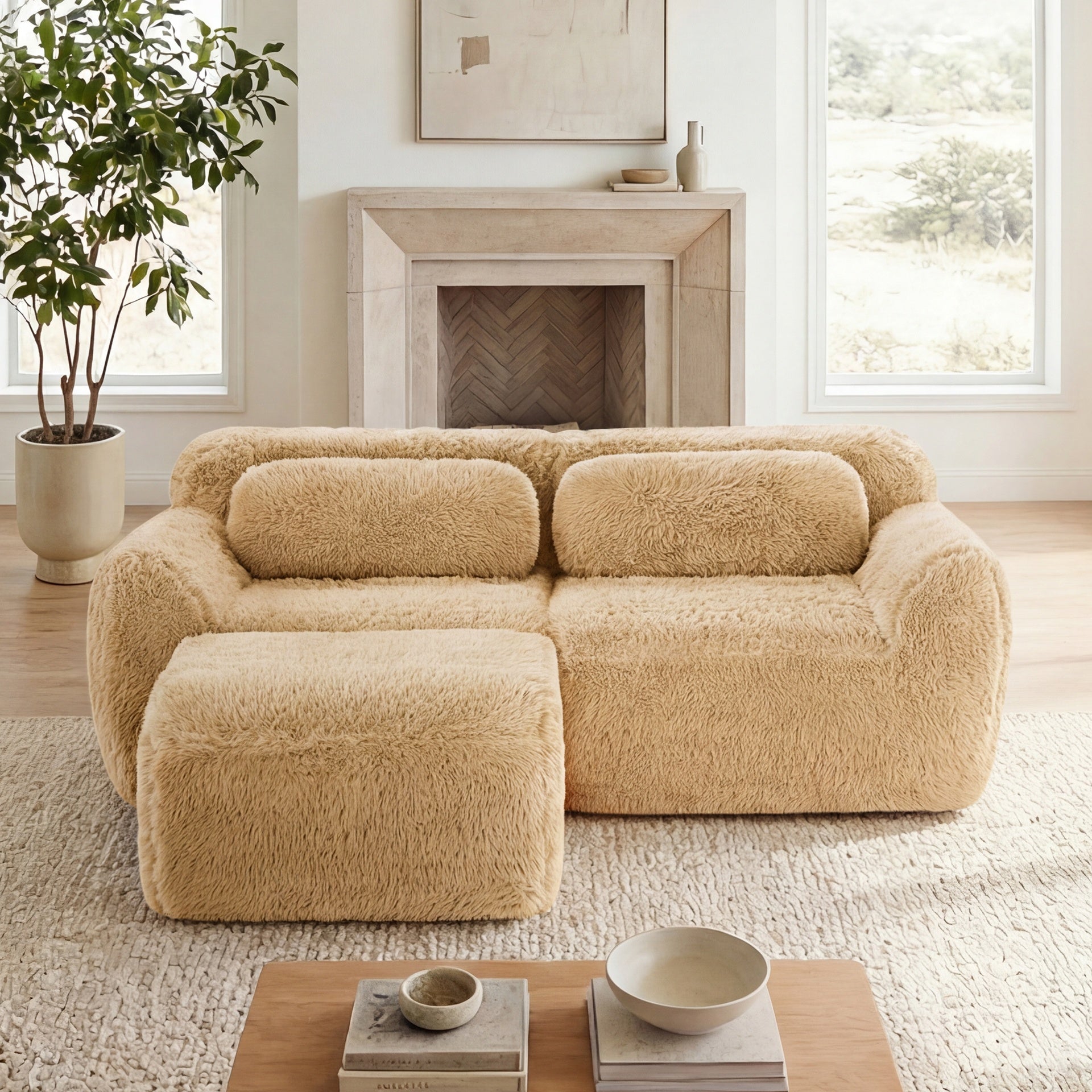 L-shaped Boneless Sofa,Soft Fluffy Plush Fabric,With Chaise 32D High Density Sponge,No Assembly Required,Ergonomic Design Bottom Anti-Slip Design,With Throw Pillows,Fits Bedrooms,Light Khaki