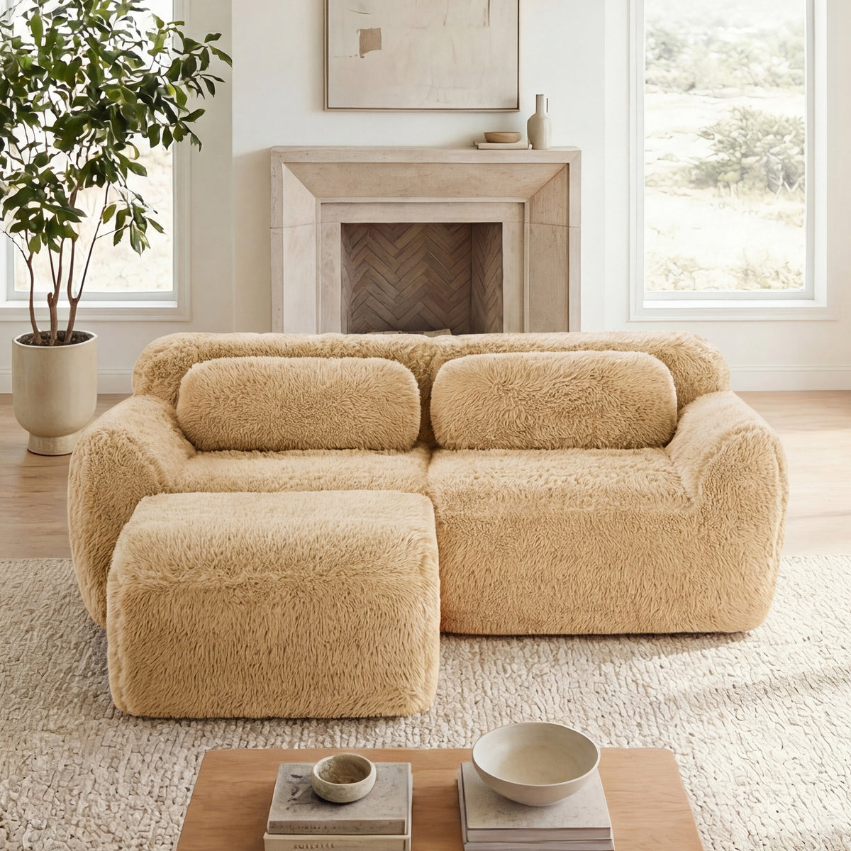 L-shaped Boneless Sofa,Soft Fluffy Plush Fabric,With Chaise 32D High Density Sponge,No Assembly Required,Ergonomic Design Bottom Anti-Slip Design,With Throw Pillows,Fits Bedrooms,Light Khaki