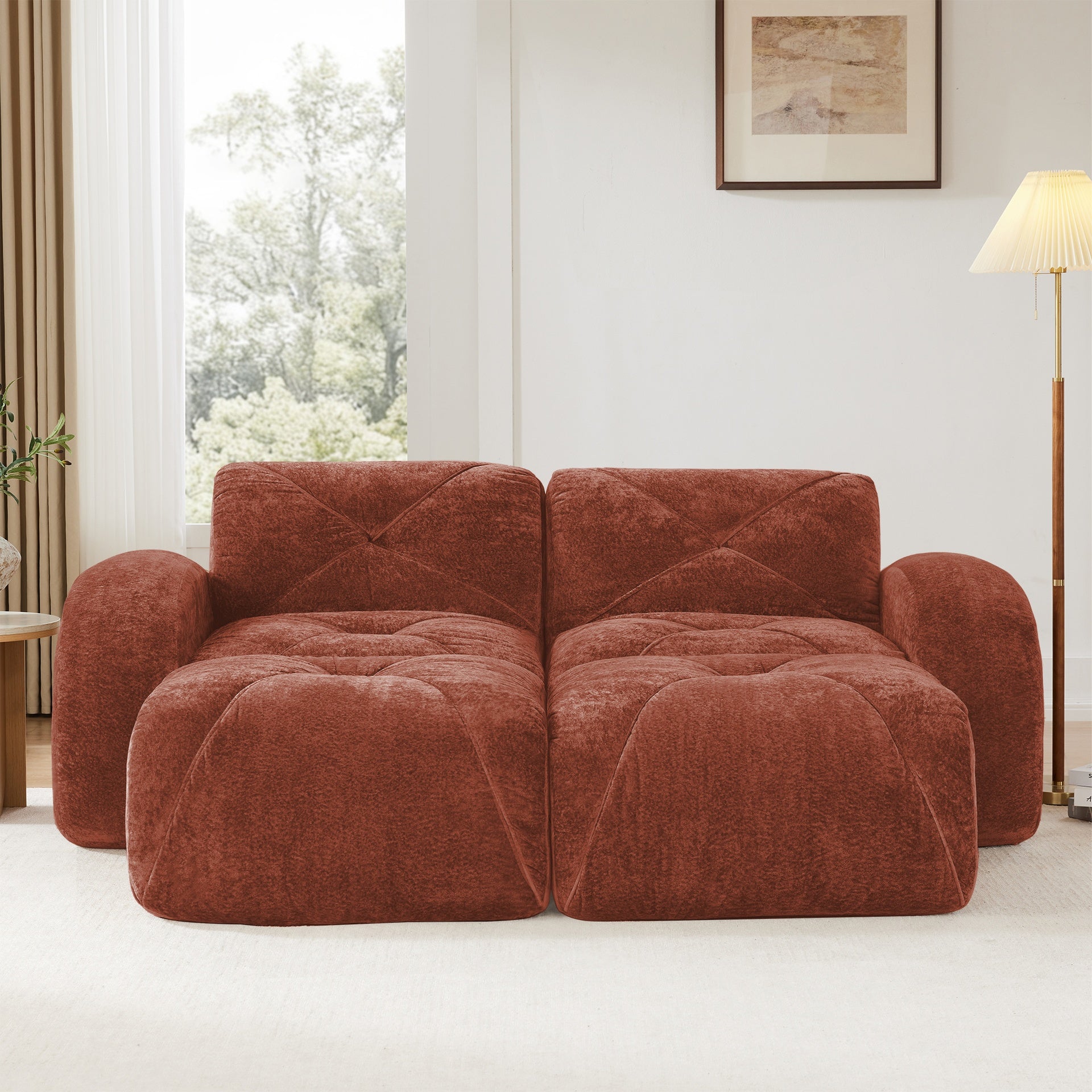 2-Seater Tufted Sofa Couches With boneless Sofa,Soft Velvet  Fabric,Bottom Anti-Slip Design,32D High Density Sponge,Ergonomic Design Bottom,No Assembly Required,Fits Living Rooms,Red Brown