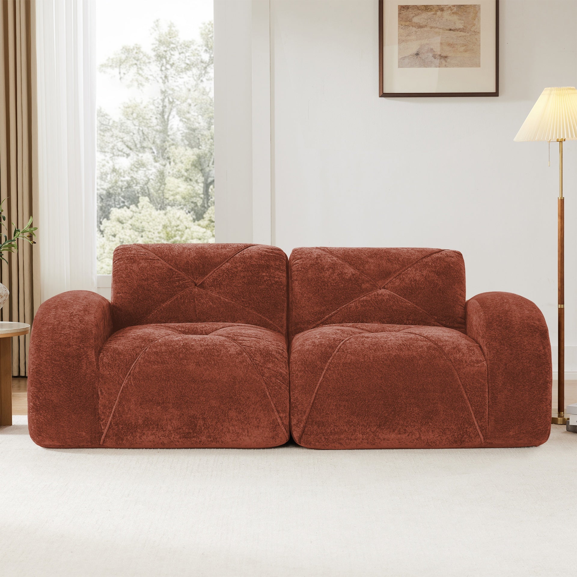 2-Seater Tufted Sofa Couches With boneless Sofa,Soft Velvet  Fabric,Bottom Anti-Slip Design,32D High Density Sponge,Ergonomic Design Bottom,No Assembly Required,Fits Living Rooms,Red Brown