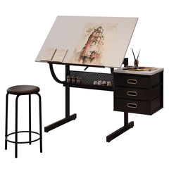 White tabletop  Adjustable drafting  drawing table for Crafting, Reading, Writing with stool and 3 Storage drawers