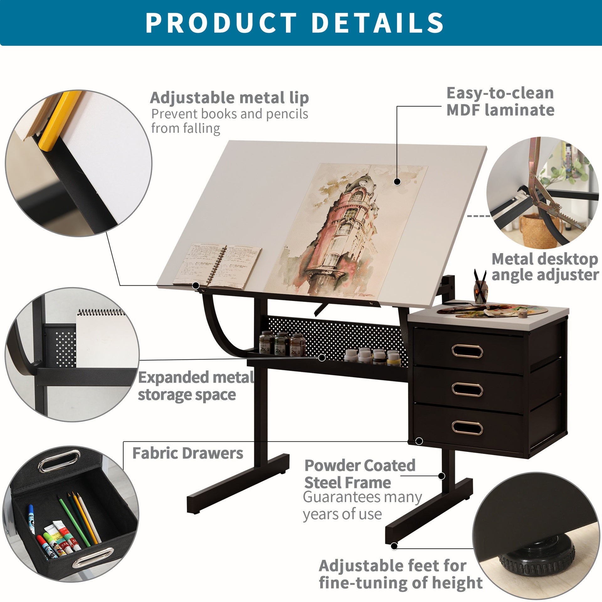 White tabletop  Adjustable drafting  drawing table for Crafting, Reading, Writing with stool and 3 Storage drawers
