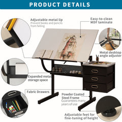 White tabletop  Adjustable drafting  drawing table for Crafting, Reading, Writing with stool and 3 Storage drawers