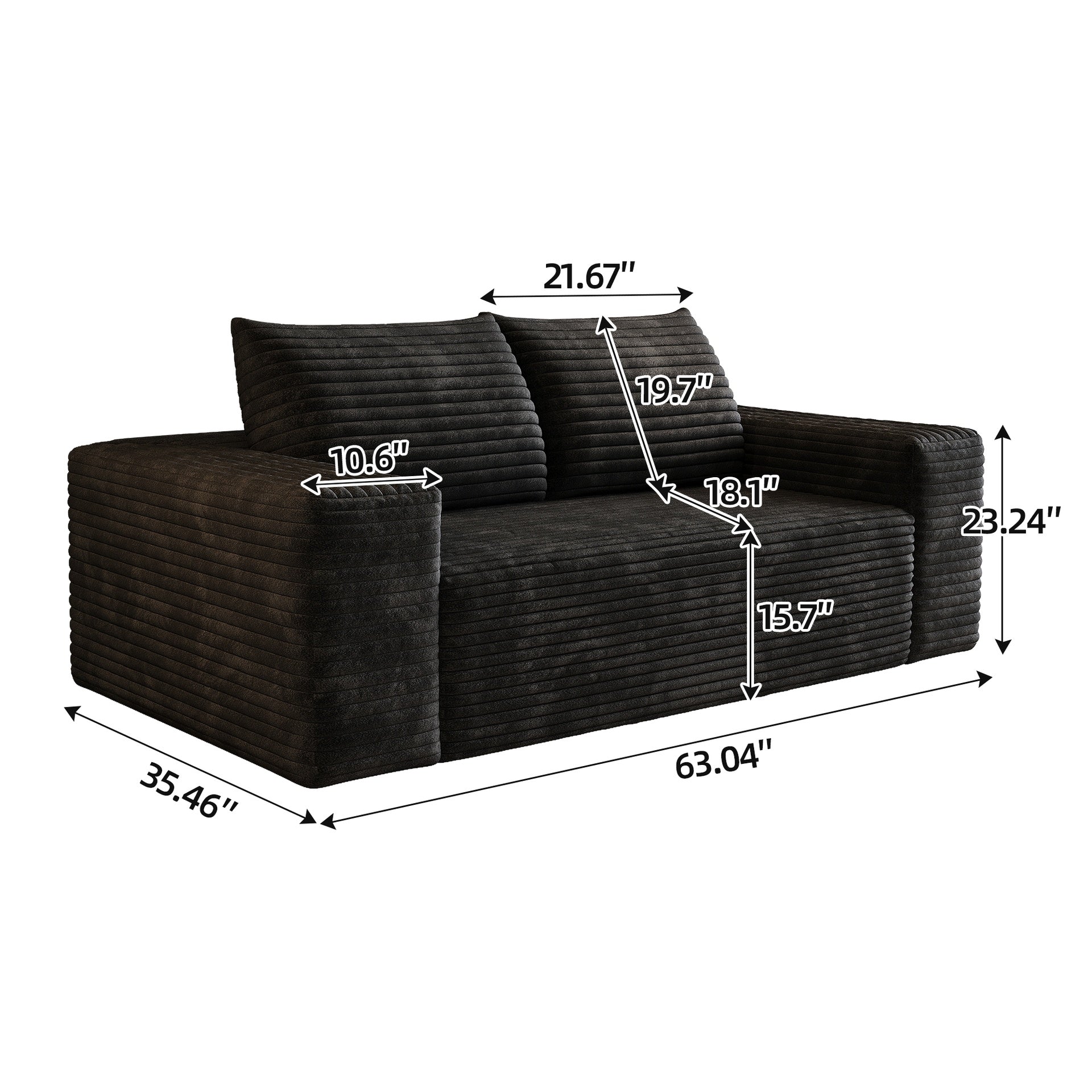 63" 2Setaser Sofa,Corduroy Fabric,Deep Seat Couches,Comfy Loveseat Sofa,No Assembly,1pcs for Living room, Bedroom,Conference room ,Apartment,Black