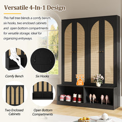 [Assembly Video] Farmhouse Hall Tree with Rattan Doors, Versatile 4-In-1 Seating Bench with 6 Hooks, Mid-Century Entryway Shoe Cabinet with Shelf for Living Room, Black, 55.1"W(OLD SKU: N721P297555B)