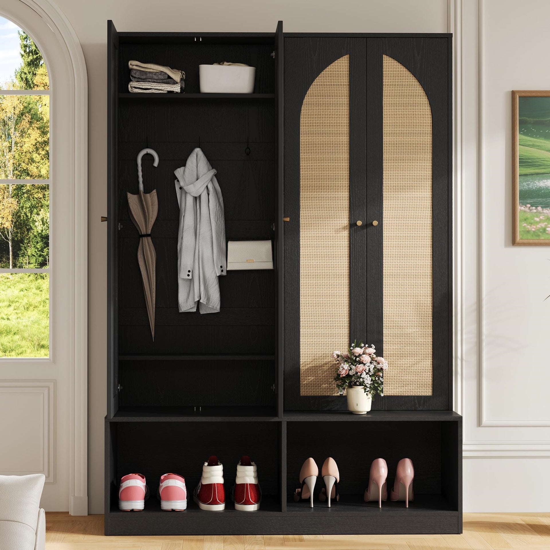 [Assembly Video] Farmhouse Hall Tree with Rattan Doors, Versatile 4-In-1 Seating Bench with 6 Hooks, Mid-Century Entryway Shoe Cabinet with Shelf for Living Room, Black, 55.1"W(OLD SKU: N721P297555B)
