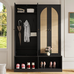 [Assembly Video] Farmhouse Hall Tree with Rattan Doors, Versatile 4-In-1 Seating Bench with 6 Hooks, Mid-Century Entryway Shoe Cabinet with Shelf for Living Room, Black, 55.1"W(OLD SKU: N721P297555B)