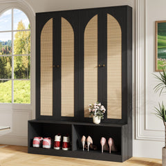 [Assembly Video] Farmhouse Hall Tree with Rattan Doors, Versatile 4-In-1 Seating Bench with 6 Hooks, Mid-Century Entryway Shoe Cabinet with Shelf for Living Room, Black, 55.1"W(OLD SKU: N721P297555B)