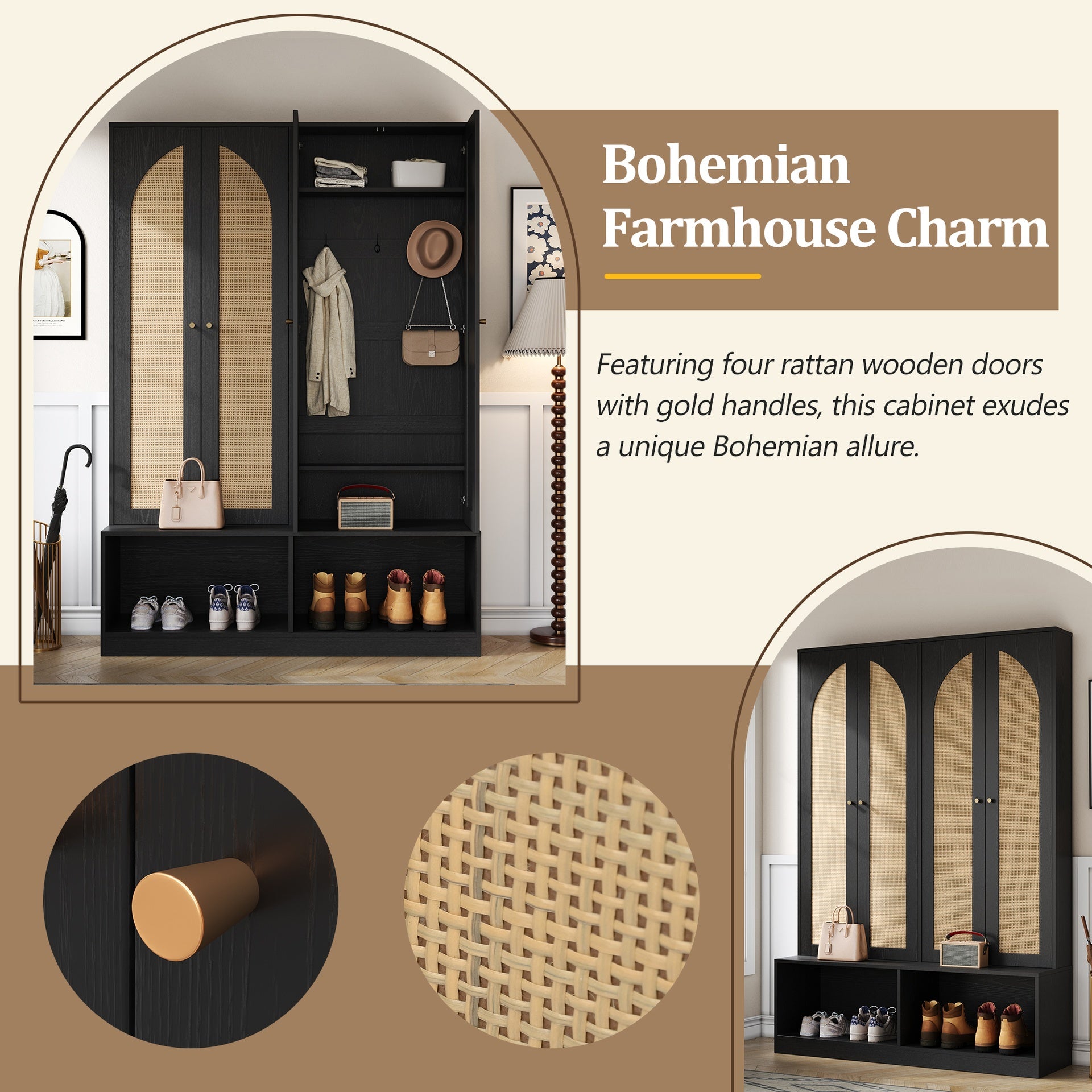 [Assembly Video] Farmhouse Hall Tree with Rattan Doors, Versatile 4-In-1 Seating Bench with 6 Hooks, Mid-Century Entryway Shoe Cabinet with Shelf for Living Room, Black, 55.1"W(OLD SKU: N721P297555B)