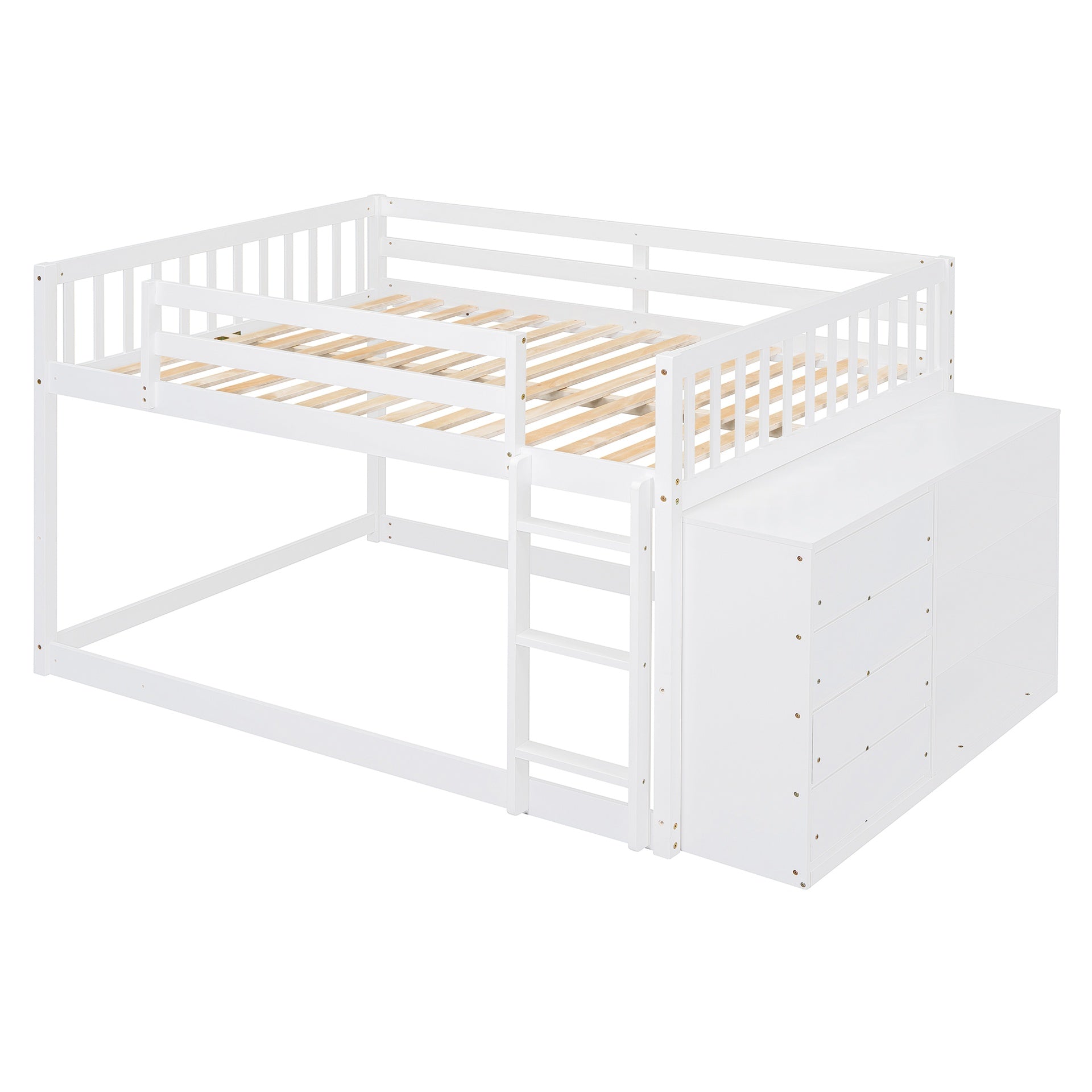 Full over Full Bunk Bed with 4 Drawers and 3 Shelves-White