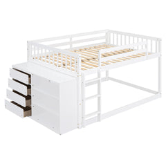Full over Full Bunk Bed with 4 Drawers and 3 Shelves-White