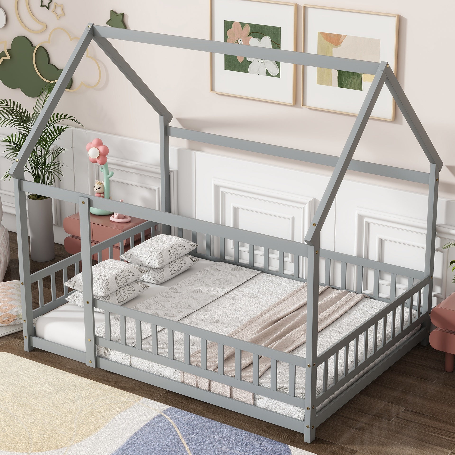 Full Size House Floor Wooden Bed with Roof Frame, Safety Guardrails,Grey