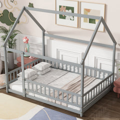 Full Size House Floor Wooden Bed with Roof Frame, Safety Guardrails,Grey