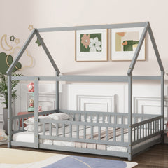 Full Size House Floor Wooden Bed with Roof Frame, Safety Guardrails,Grey