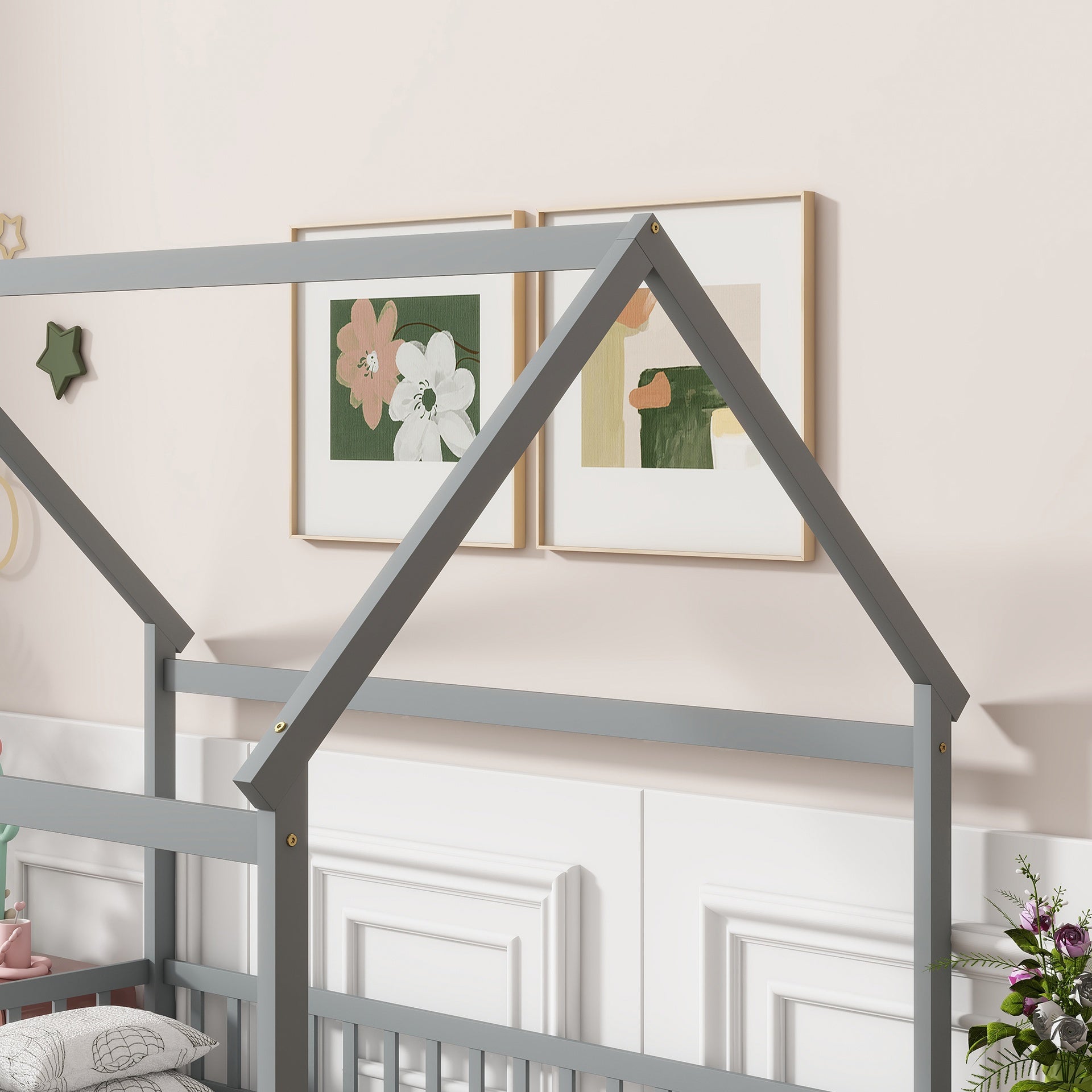 Full Size House Floor Wooden Bed with Roof Frame, Safety Guardrails,Grey