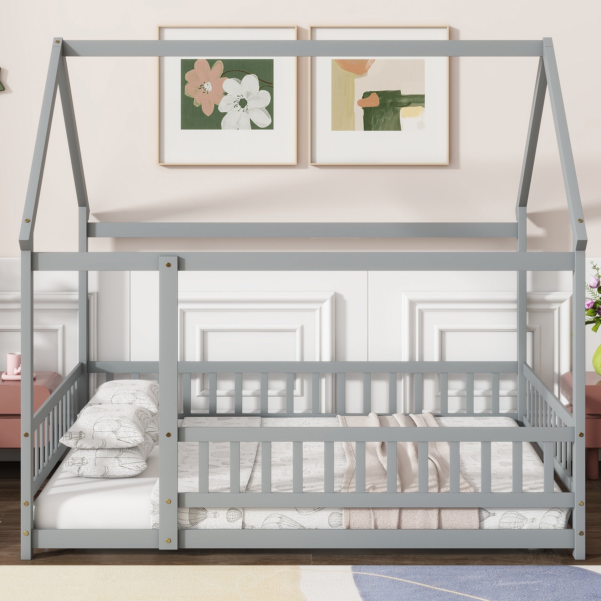 Full Size House Floor Wooden Bed with Roof Frame, Safety Guardrails,Grey