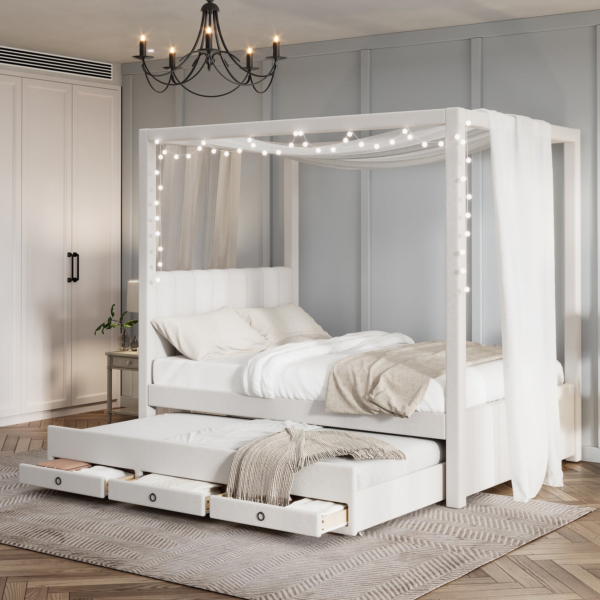 Full Size Upholstery Canopy Platform Bed with Trundle and Three Storage Drawers, Beige