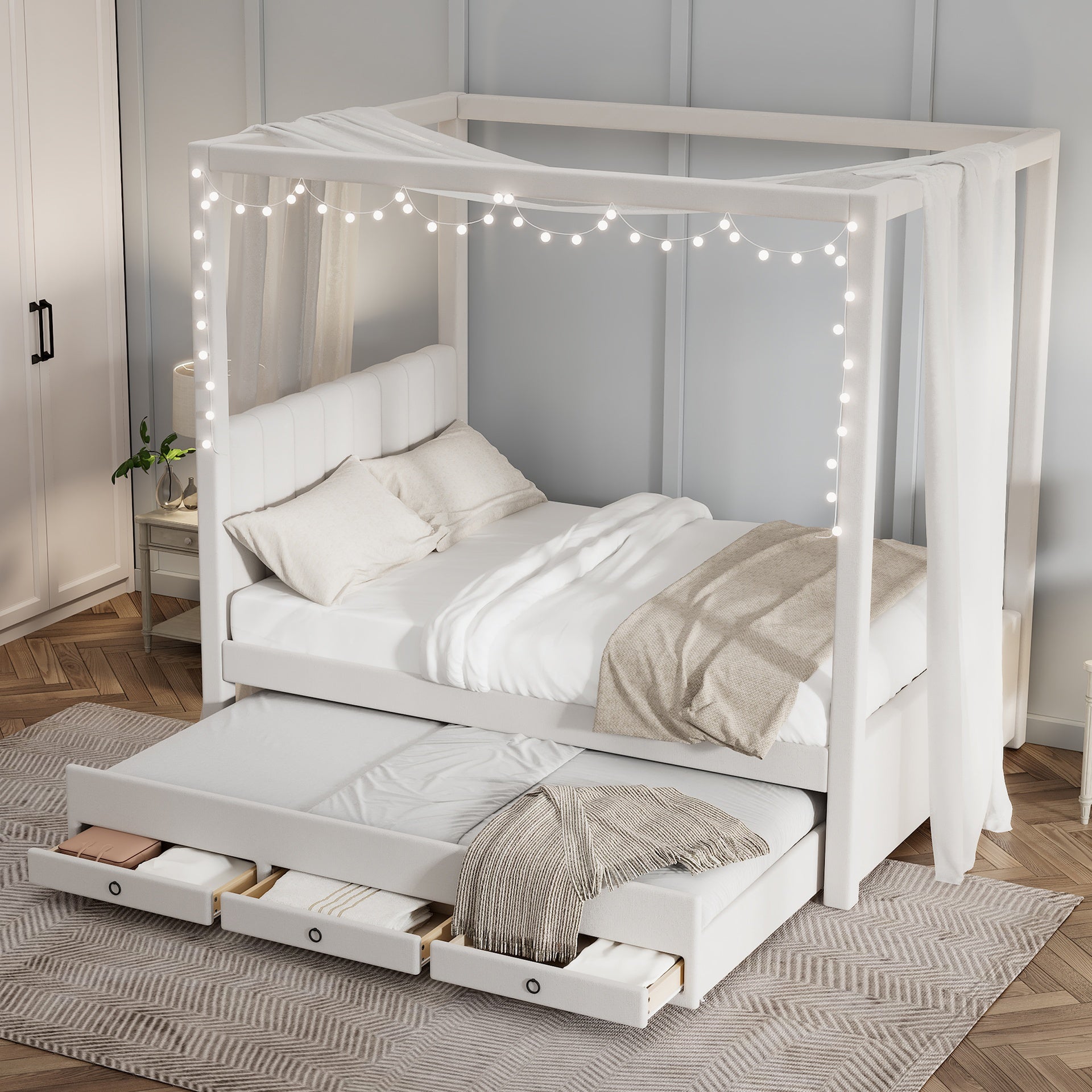 Full Size Upholstery Canopy Platform Bed with Trundle and Three Storage Drawers, Beige