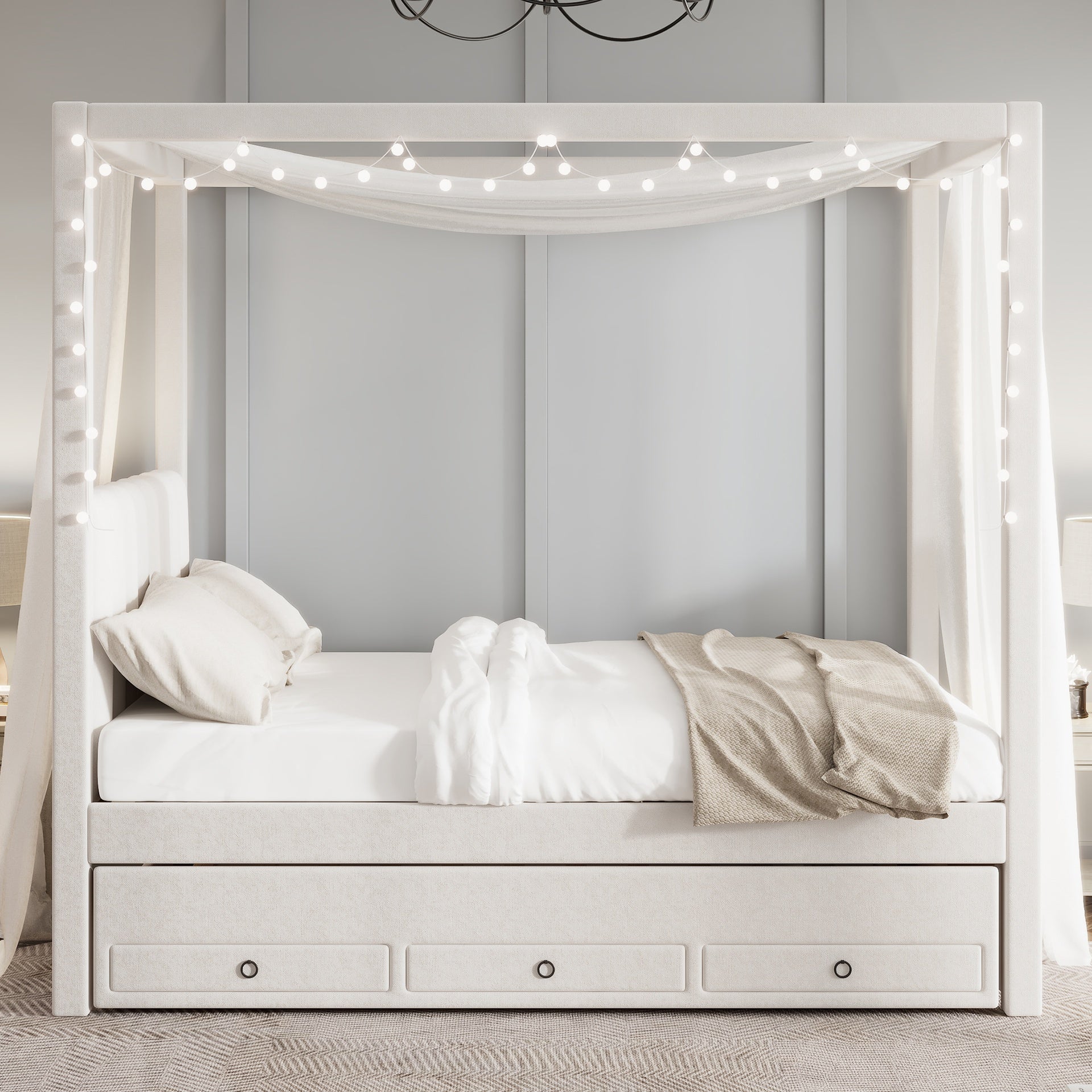 Full Size Upholstery Canopy Platform Bed with Trundle and Three Storage Drawers, Beige