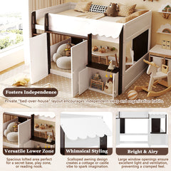 Full Loft House Bed with Playhouse & Storage, Modern Wood Cabin Bed for Kids/Teens, White+Espresso