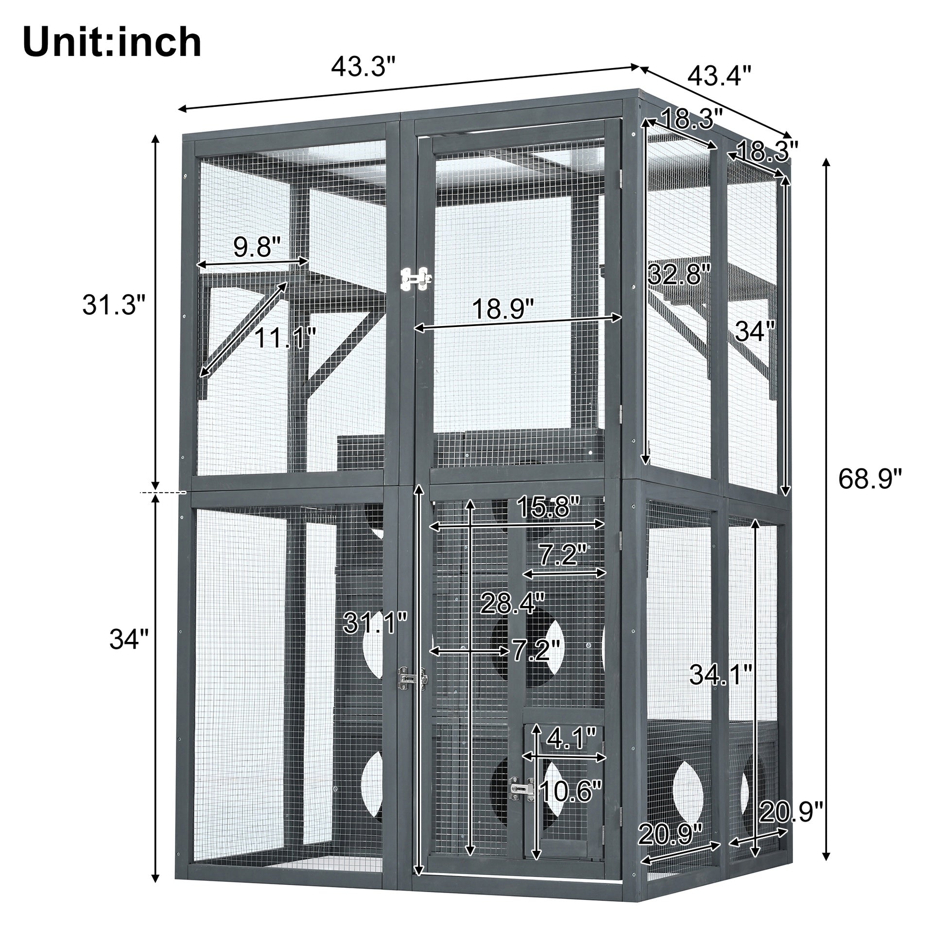 Catio Outdoor Cat Enclosure with Double Enter Doors, Grey Climbing shelves, Weatherproof  Pine Wood Playground with 7 Freely Combination Wood Boxes