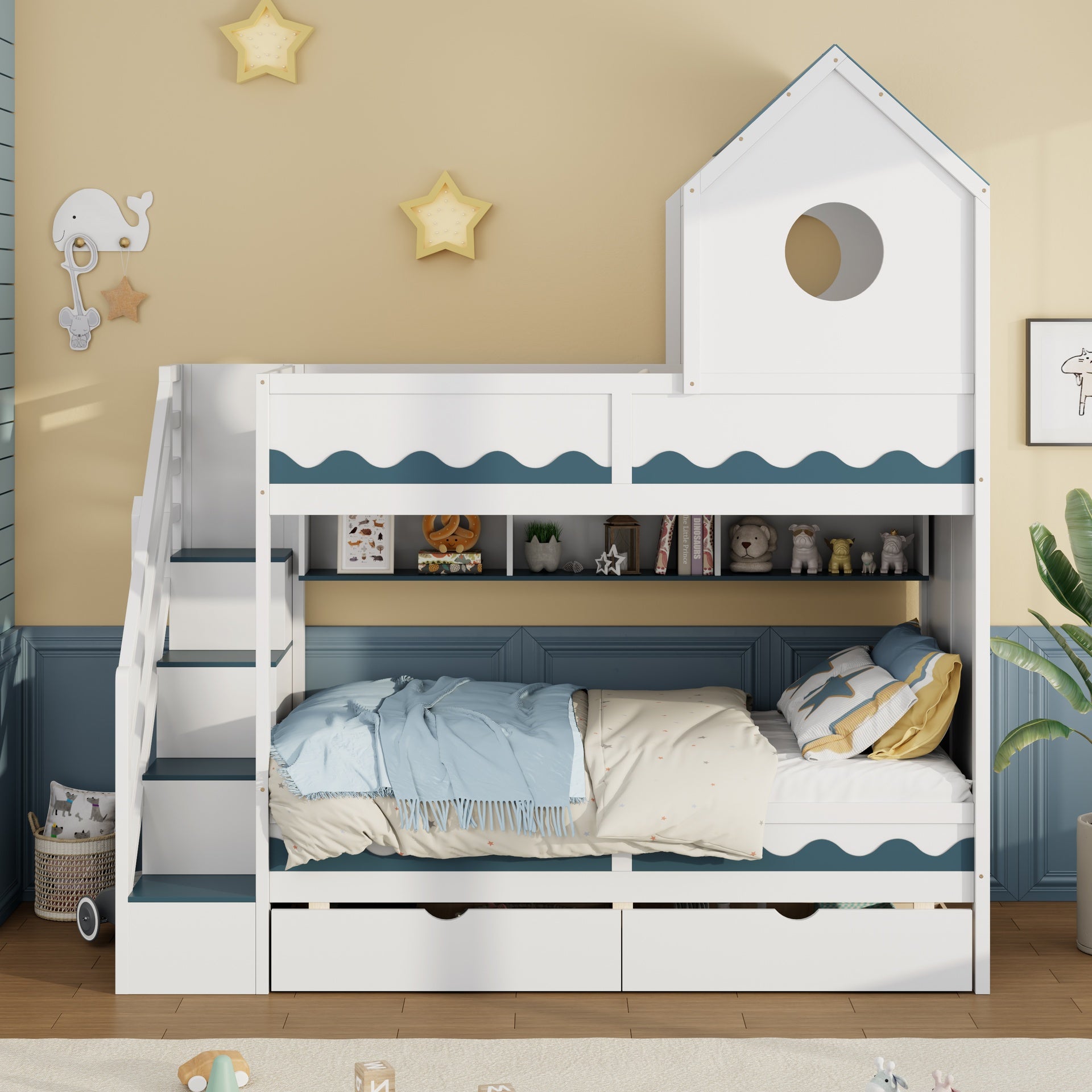 Twin Over Twin with  House and Drawer,Staircase, LED,White