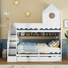 Twin Over Twin with  House and Drawer,Staircase, LED,White