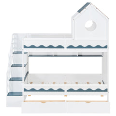 Twin Over Twin with  House and Drawer,Staircase, LED,White