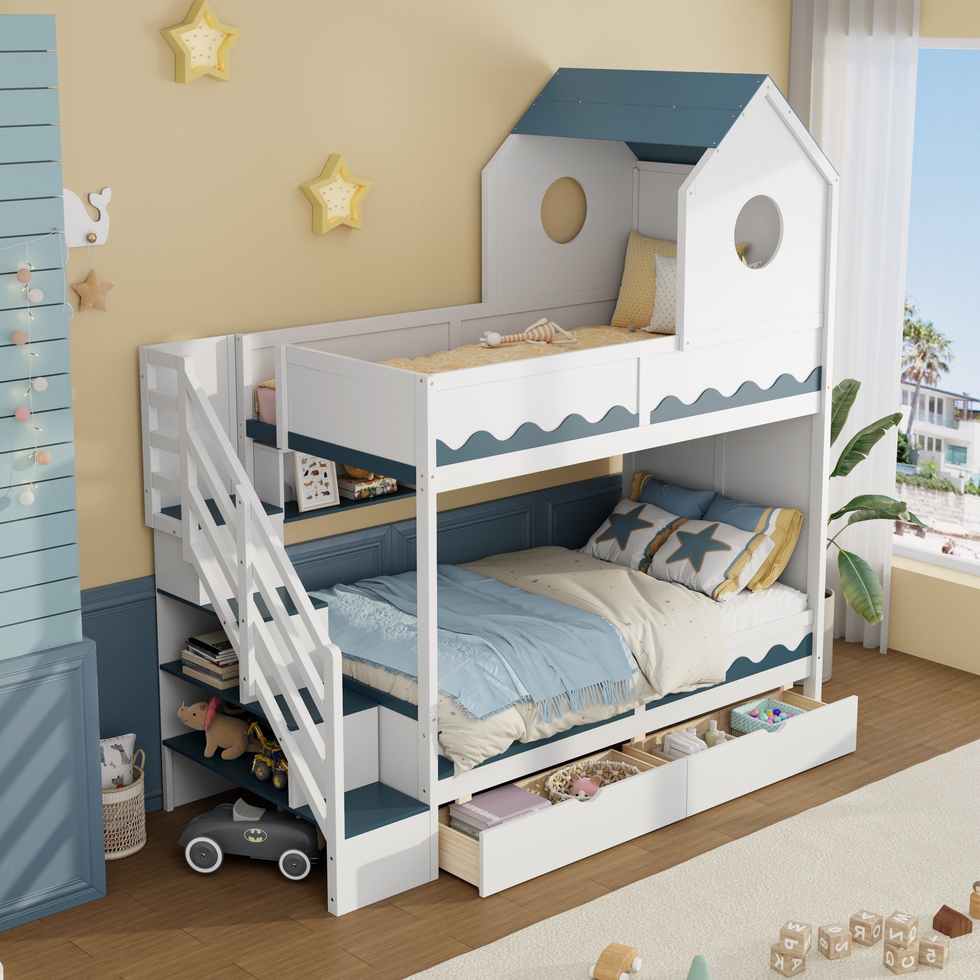 Twin Over Twin with  House and Drawer,Staircase, LED,White