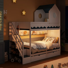 Twin Over Twin with  House and Drawer,Staircase, LED,White