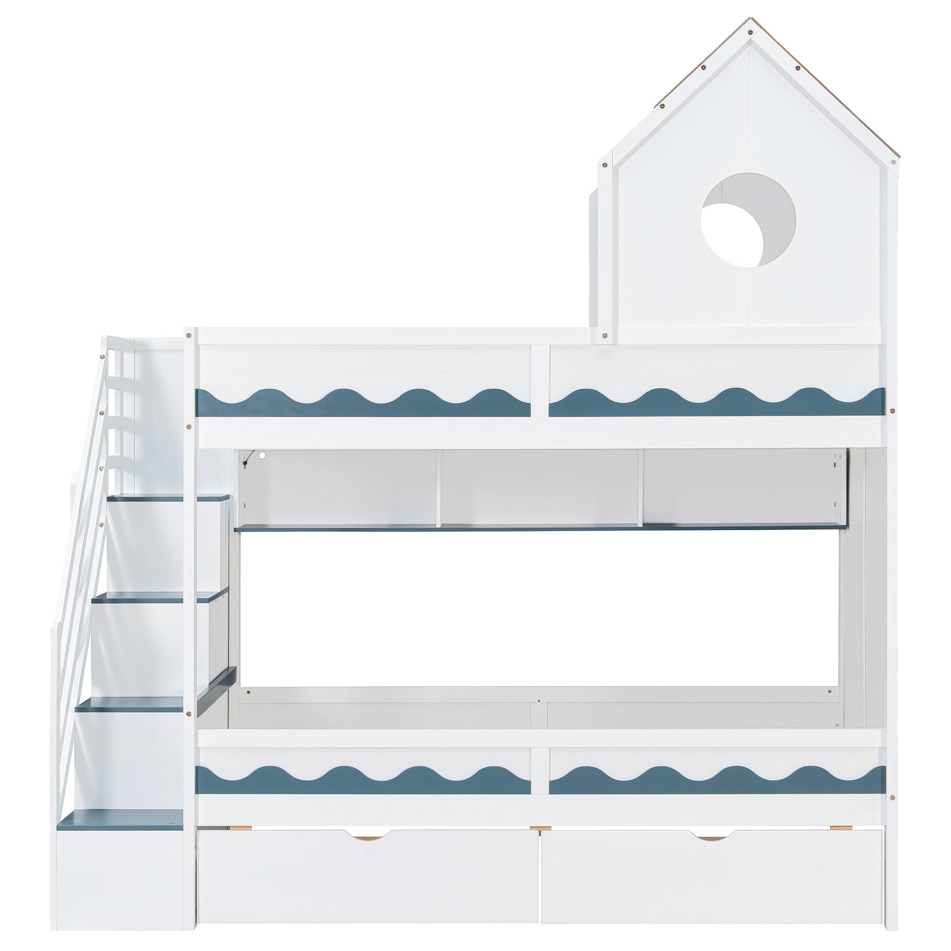 Twin Over Twin with  House and Drawer,Staircase, LED,White