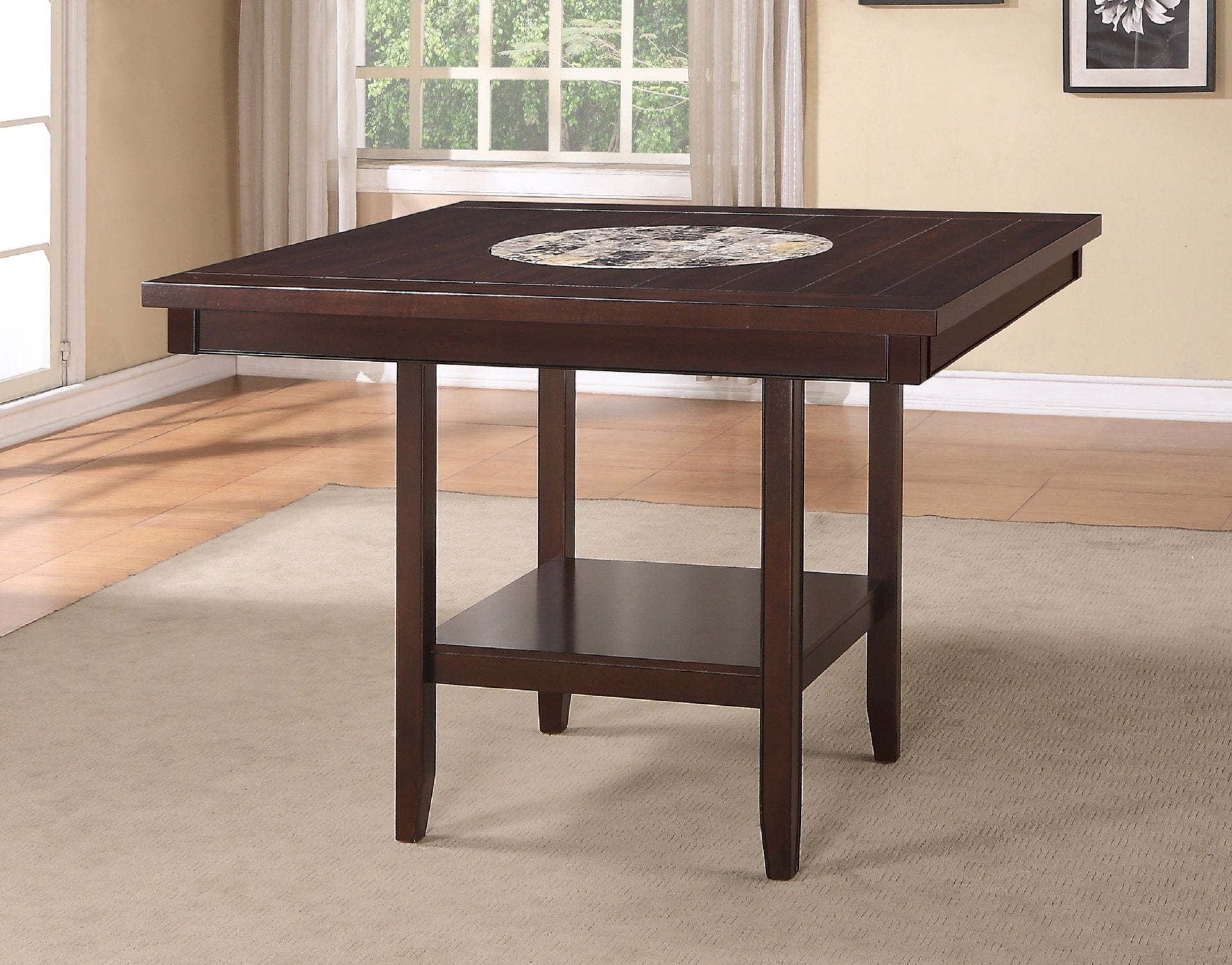 6pc Dining Set Contemporary Farmhouse Style Counter Height w 20-Inch Lazy Susan Dark Brown Espresso  Finish Faux Leather Upholstered Chairs Bench Wooden Wood Veneers Solid Wood Dining Room Furniture