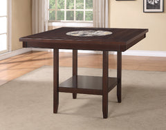 6pc Dining Set Contemporary Farmhouse Style Counter Height w 20-Inch Lazy Susan Dark Brown Espresso  Finish Faux Leather Upholstered Chairs Bench Wooden Wood Veneers Solid Wood Dining Room Furniture