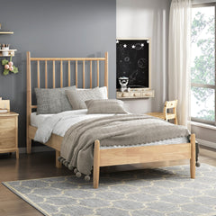 Mid-Century Modern Design Twin Platform Bed 1pc Natural Finish Wooden Bedroom Furniture Vertical Slats Headboard, Bed in a Box