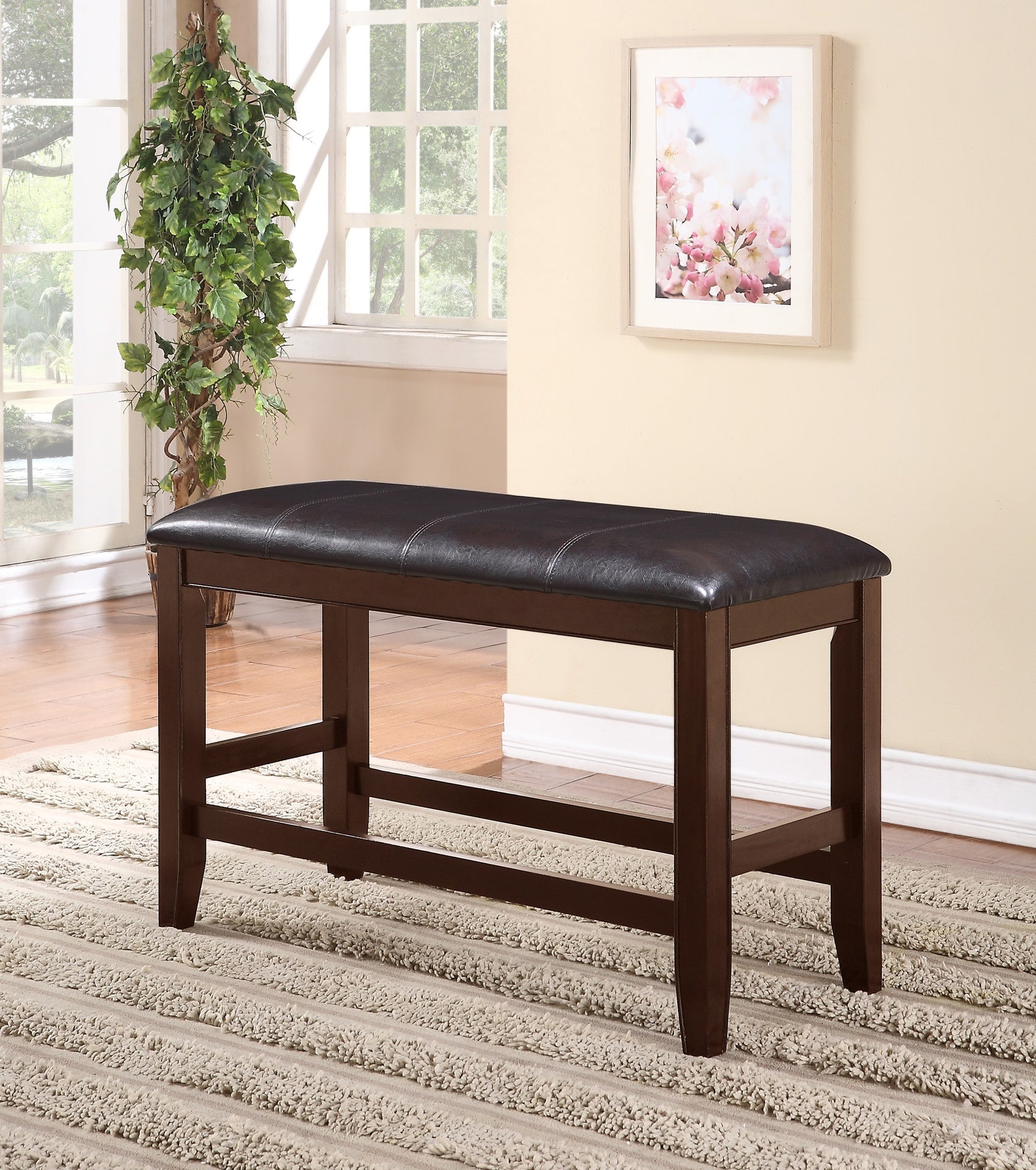Farmhouse Style 1pc Brown Espresso Counter Height Bench Footrest Faux Leather Upholstered Seat Wooden Furniture