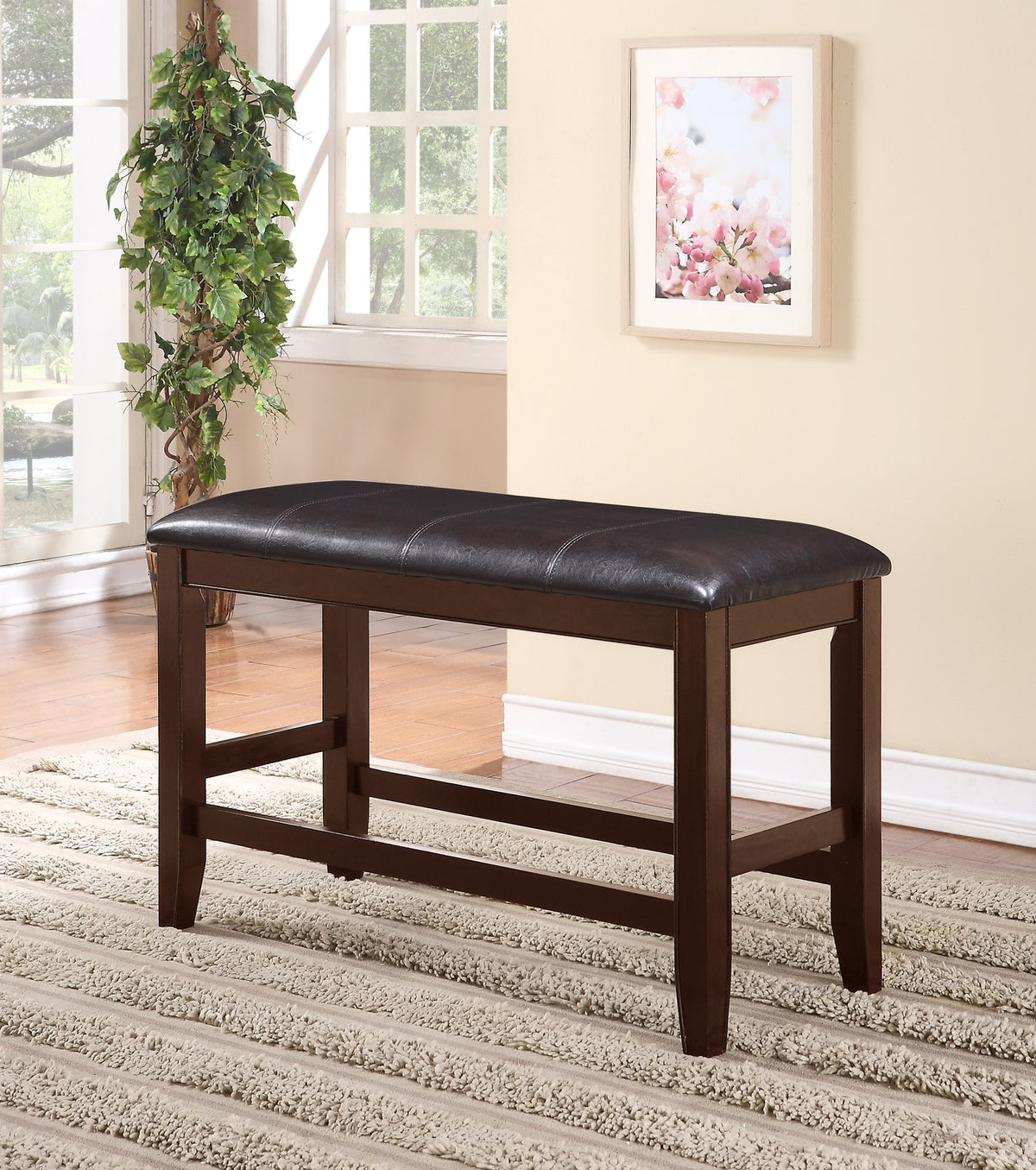 Farmhouse Style 1pc Brown Espresso Counter Height Bench Footrest Faux Leather Upholstered Seat Wooden Furniture