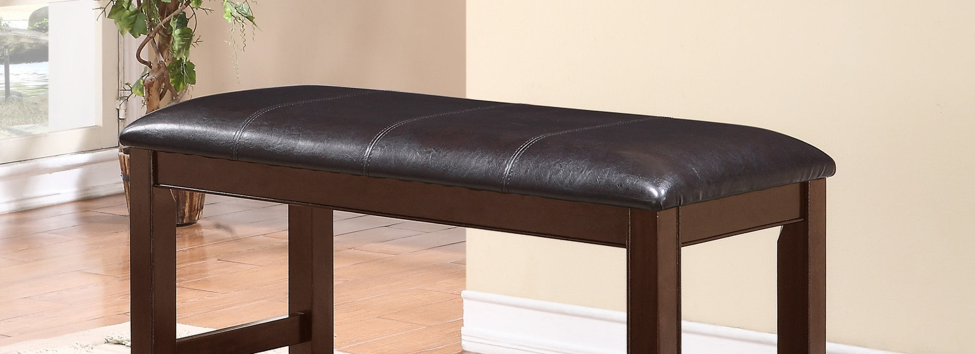 Farmhouse Style 1pc Brown Espresso Counter Height Bench Footrest Faux Leather Upholstered Seat Wooden Furniture