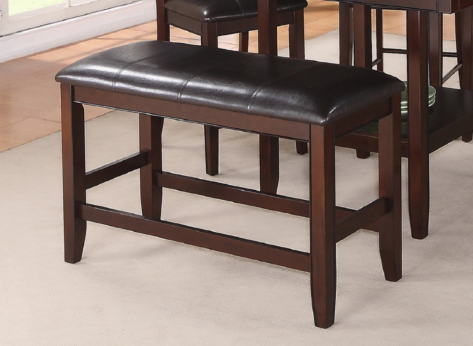 Farmhouse Style 1pc Brown Espresso Counter Height Bench Footrest Faux Leather Upholstered Seat Wooden Furniture