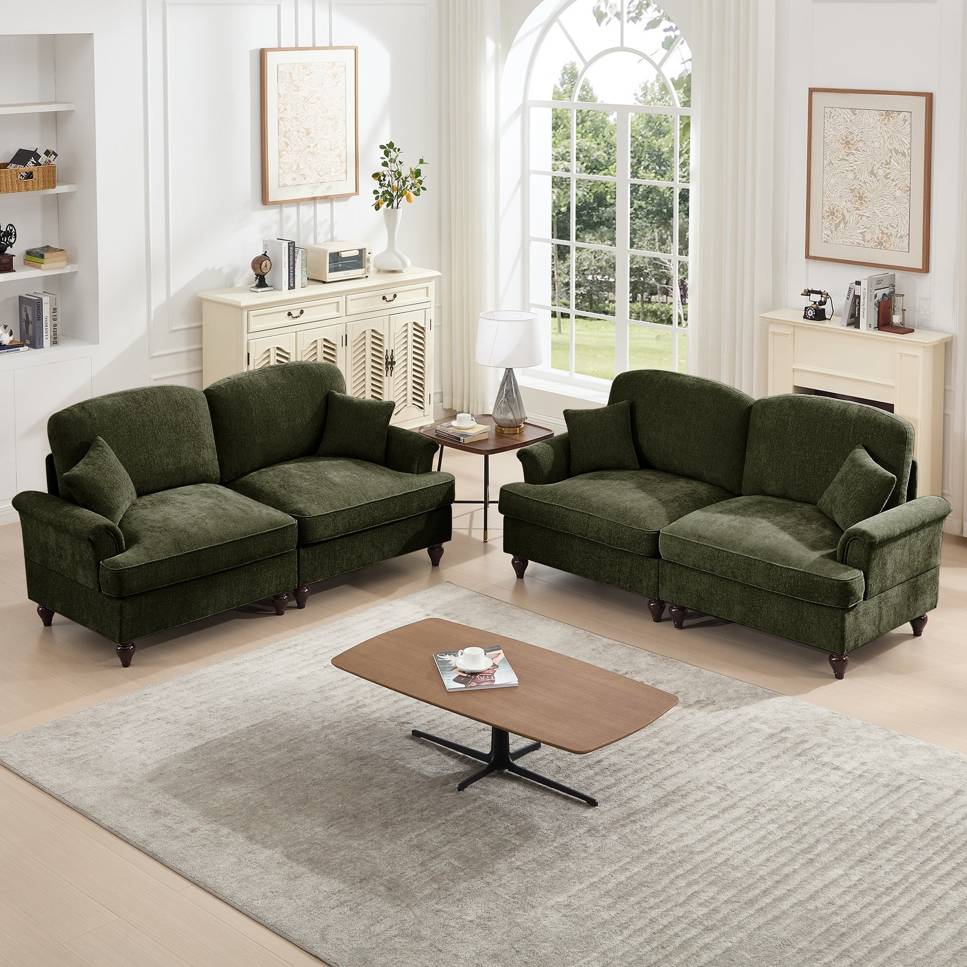 Classic 2 Piece Modular Couch Living Room Sofa Set with Flared Arms and Removable Ruffles Pleats Skirts and Spindle Legs, 2 Seater Sofa + 2-Seat Loveseat Sofa Sets for Living Room,Green
