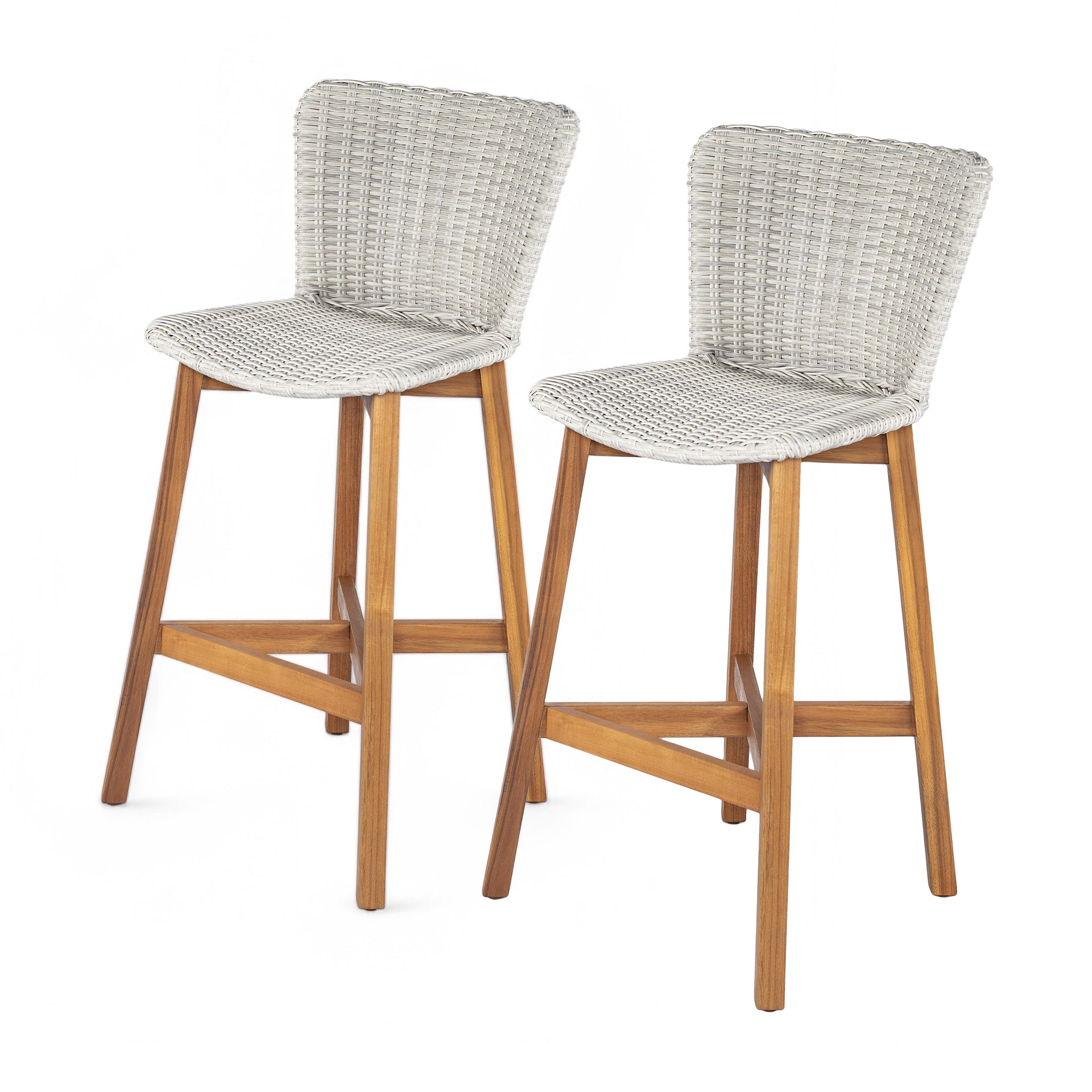 Lymington Outdoor Bar Stool, Teak Finished Wood with Light Grey Wicker, Set of 2