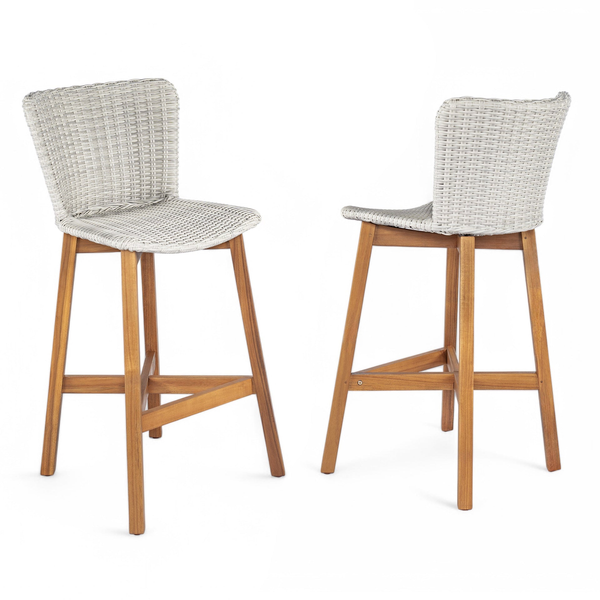 Lymington Outdoor Bar Stool, Teak Finished Wood with Light Grey Wicker, Set of 2