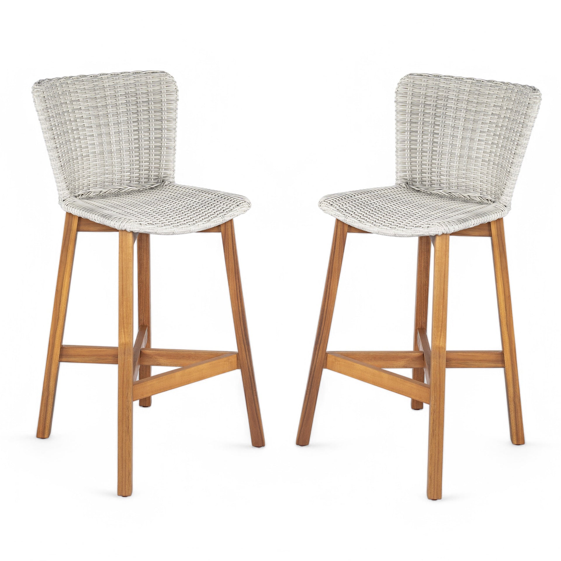 Lymington Outdoor Bar Stool, Teak Finished Wood with Light Grey Wicker, Set of 2