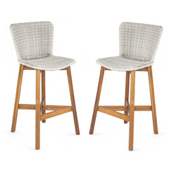 Lymington Outdoor Bar Stool, Teak Finished Wood with Light Grey Wicker, Set of 2